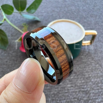 New Arrival 8MM Koa Wood Beveled Polished Edges High Quality Comfort Fit Tungsten Wedding Rings for Men Women - The Jewellery Supermarket